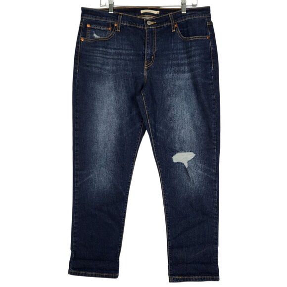 Levis Boyfriend Jeans Women's 32 Waist Cropped Distressed Dark Wash NEW - Picture 1 of 10